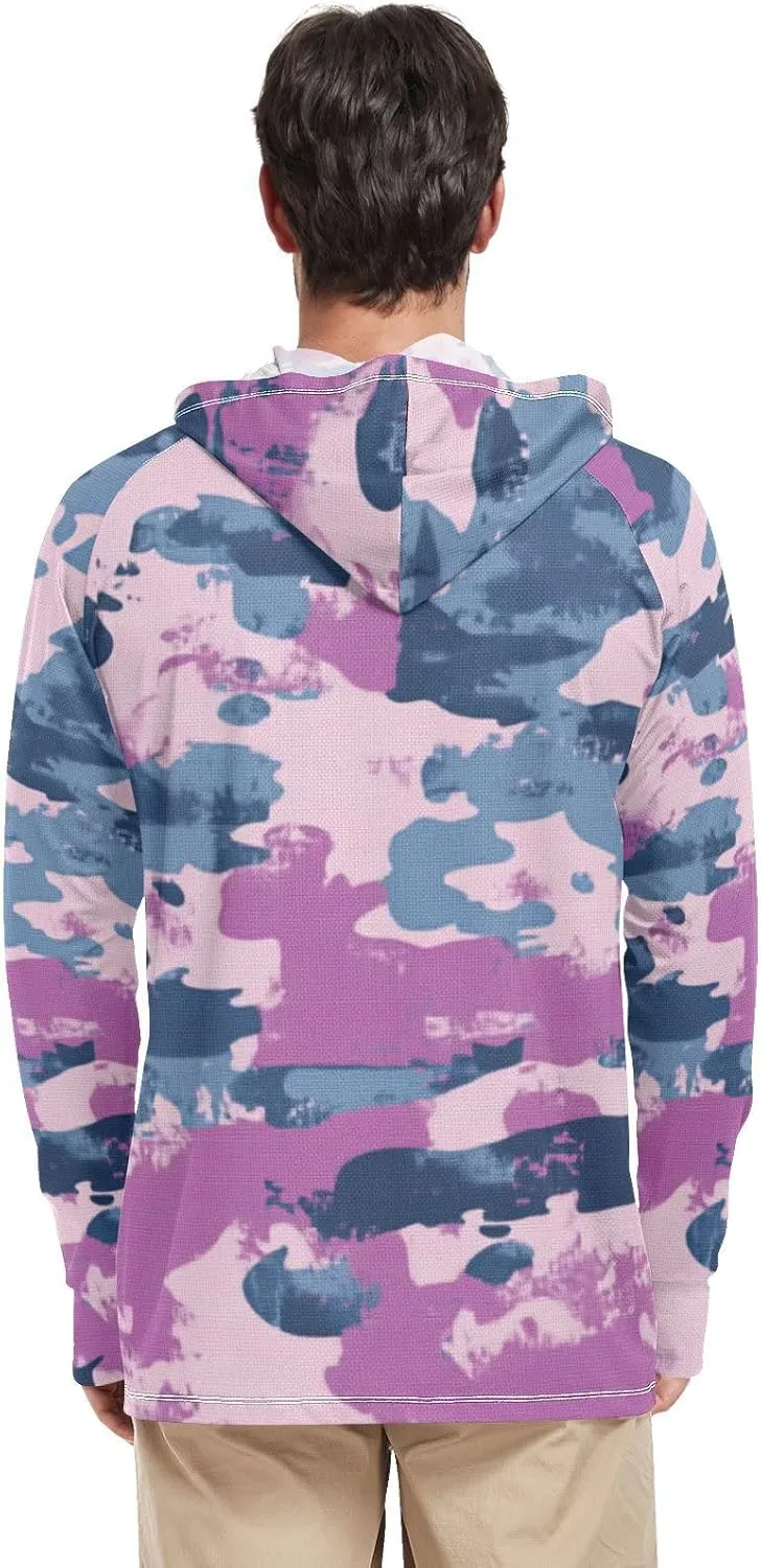 Denim Blue Camouflage Men's Sun Protection Hoodie Long Sleeve Fishing Shirts UPF 50  Fishing Shirts Rash Guard with Hood