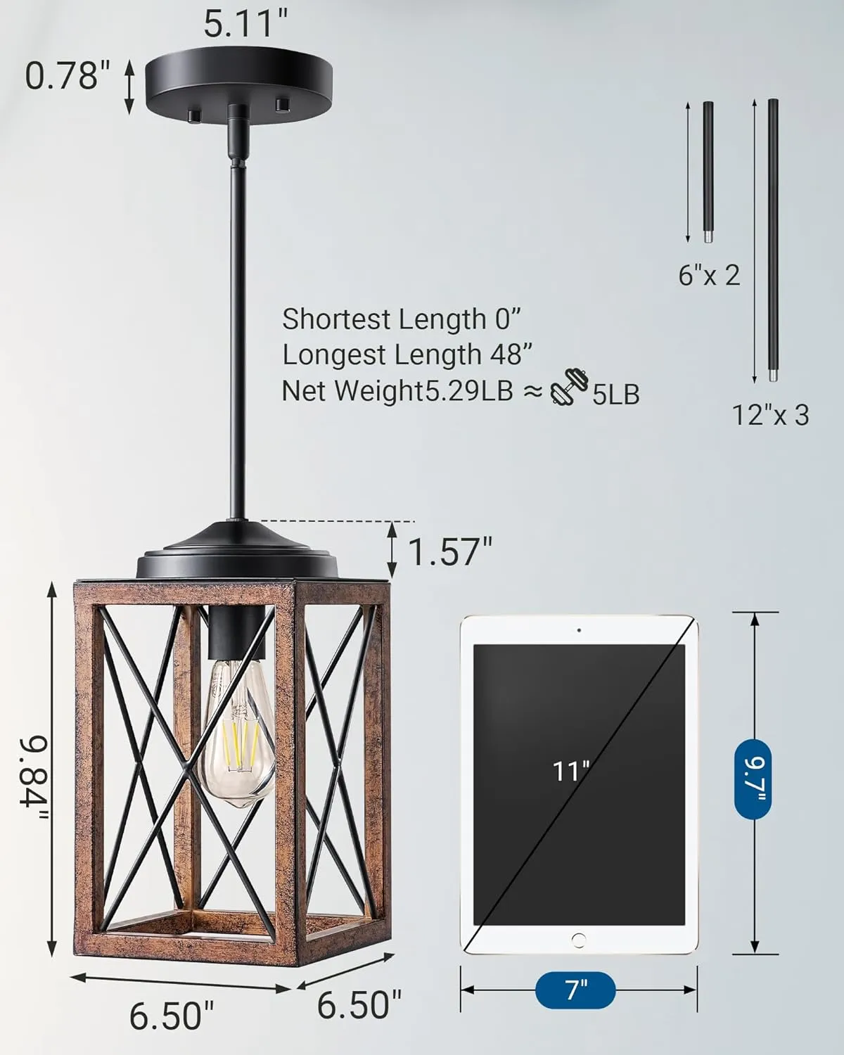 DEWENWILS Farmhouse Pendant Light, Metal Hanging Light Fixture with Wooden Grain Finish, 48 Inch Adjustable Pipes for Flat and Slop Ceiling, Kitchen Island, Bedroom, Dining Hall, E26 Base