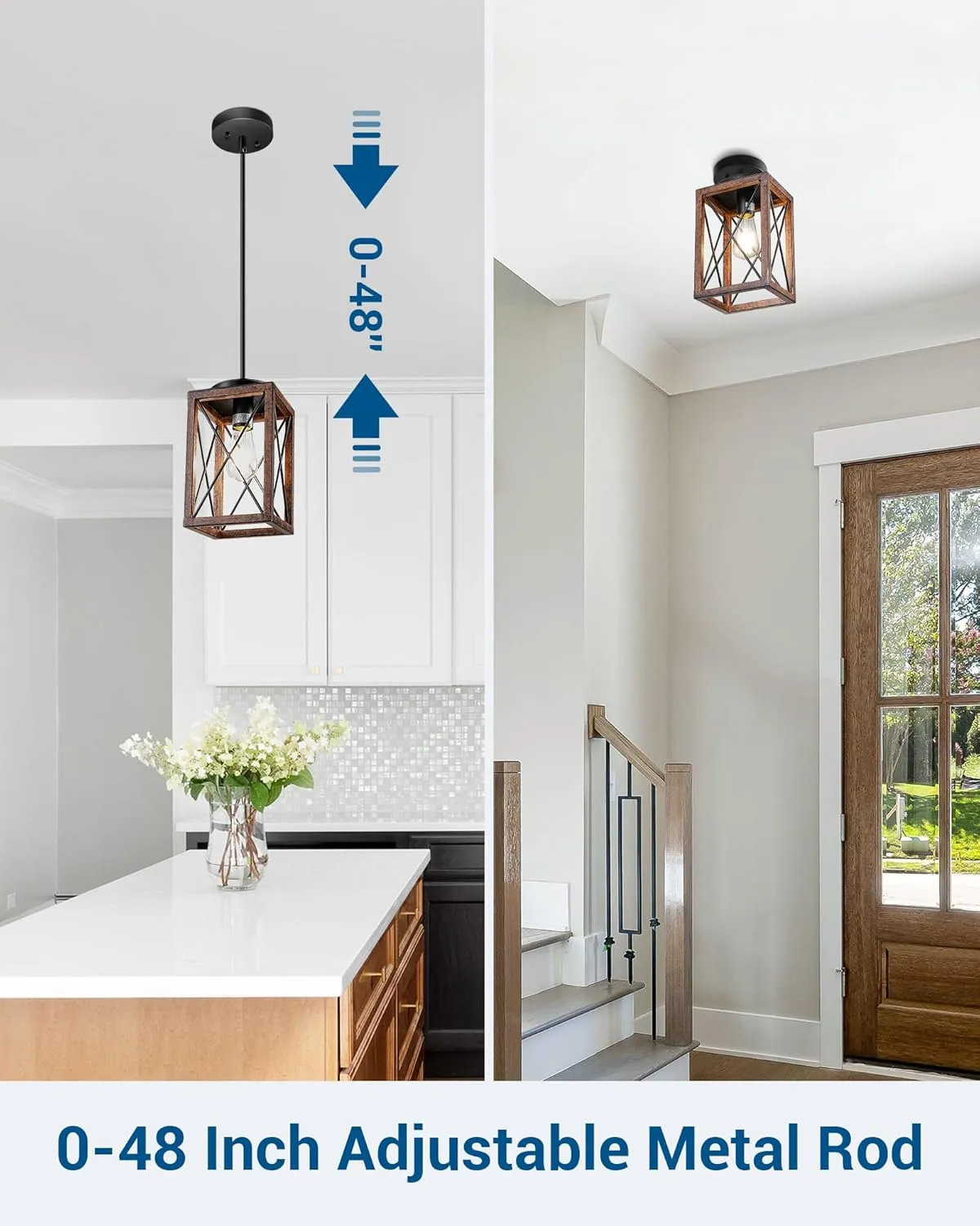 DEWENWILS Farmhouse Pendant Light, Metal Hanging Light Fixture with Wooden Grain Finish, 48 Inch Adjustable Pipes for Flat and Slop Ceiling, Kitchen Island, Bedroom, Dining Hall, E26 Base