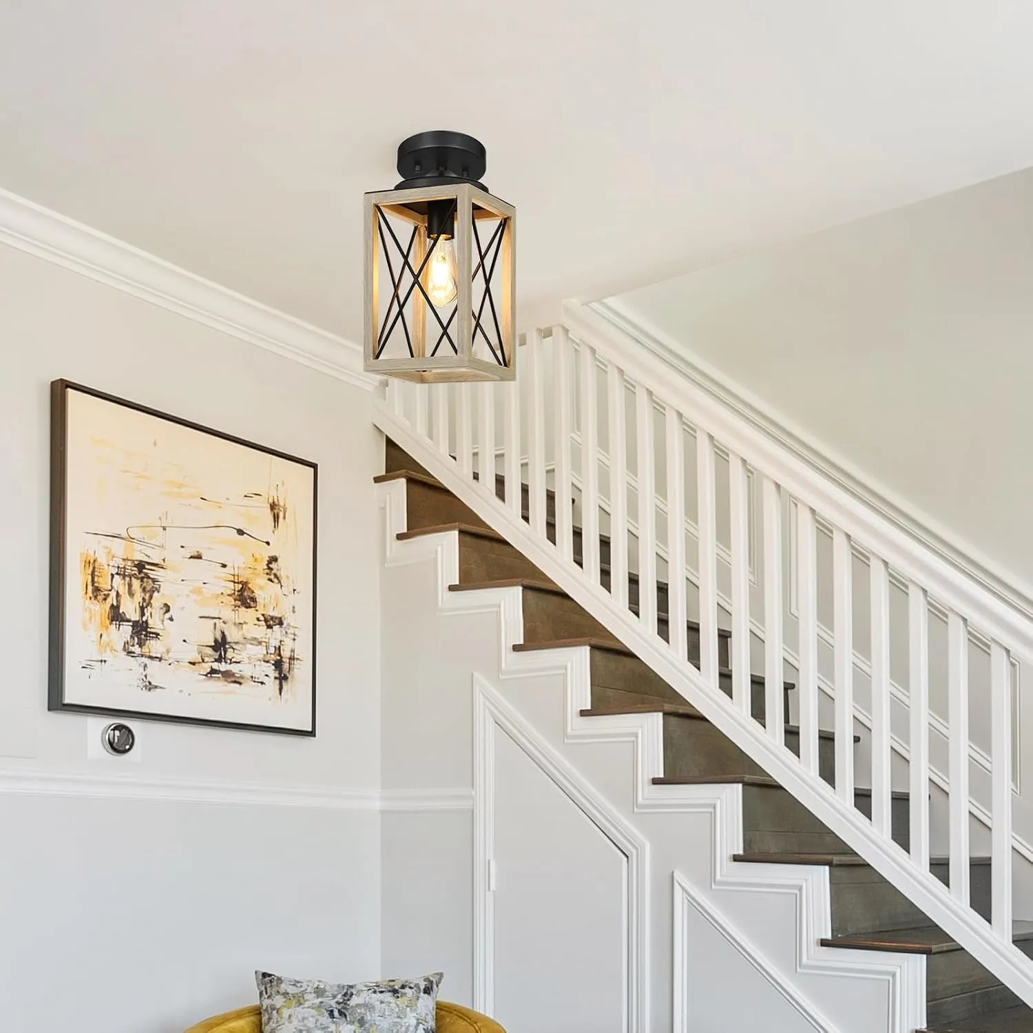 DEWENWILS Farmhouse Pendant Light, Metal Hanging Light Fixture with Wooden Grain Finish, 48" Adjustable Pipes for Flat and Slop Ceiling, Kitchen,Island, Living Room, Bedroom, E26 Base