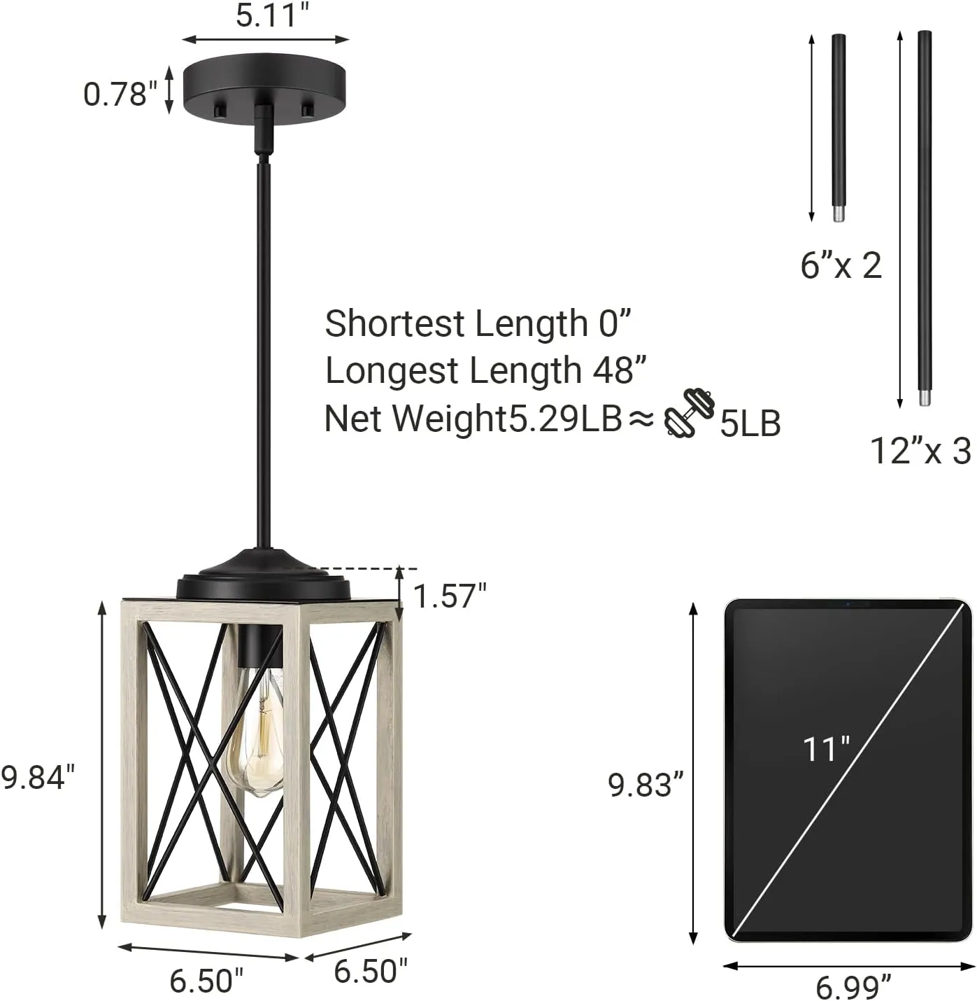 DEWENWILS Farmhouse Pendant Light, Metal Hanging Light Fixture with Wooden Grain Finish, 48" Adjustable Pipes for Flat and Slop Ceiling, Kitchen,Island, Living Room, Bedroom, E26 Base