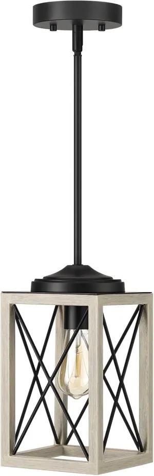 DEWENWILS Farmhouse Pendant Light, Metal Hanging Light Fixture with Wooden Grain Finish, 48" Adjustable Pipes for Flat and Slop Ceiling, Kitchen,Island, Living Room, Bedroom, E26 Base