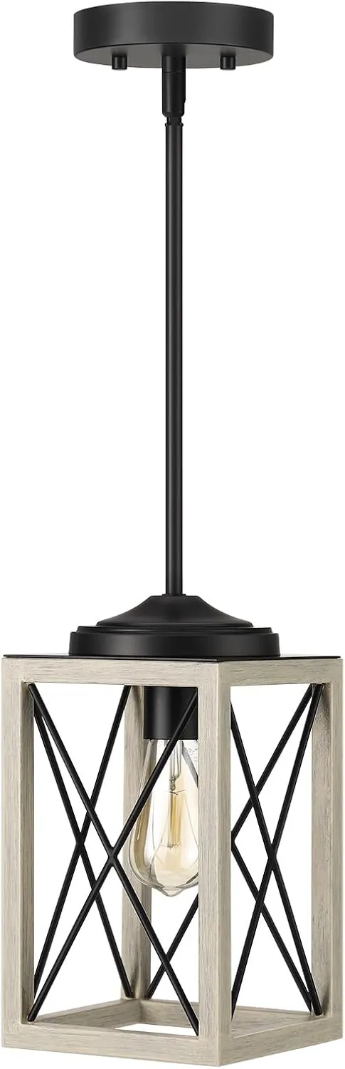DEWENWILS Farmhouse Pendant Light, Metal Hanging Light Fixture with Wooden Grain Finish, 48" Adjustable Pipes for Flat and Slop Ceiling, Kitchen,Island, Living Room, Bedroom, E26 Base