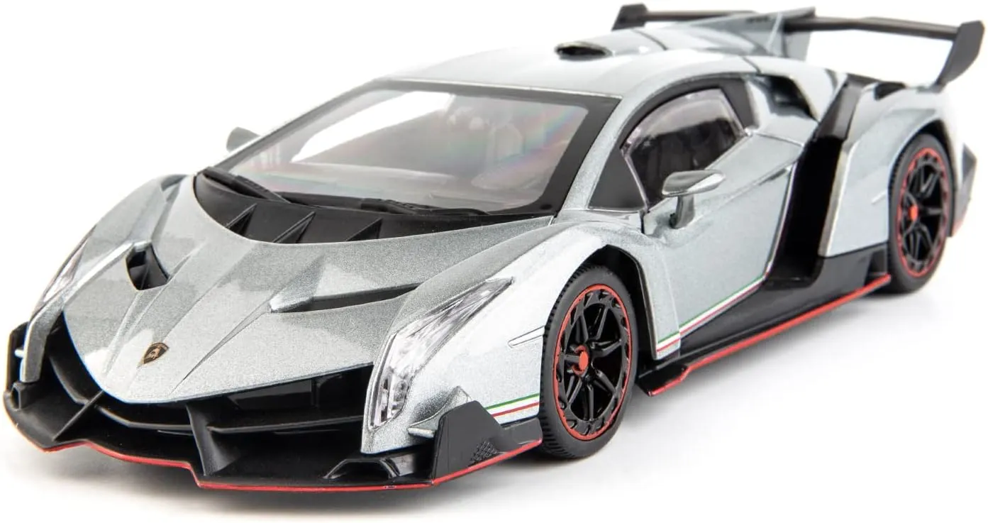 Diecast Car for Lambo Veneno Model Car 1/24 Scale Sports Toy Vehicle Door Can be Opened Toy Car Front Wheel Steerable (Gray)