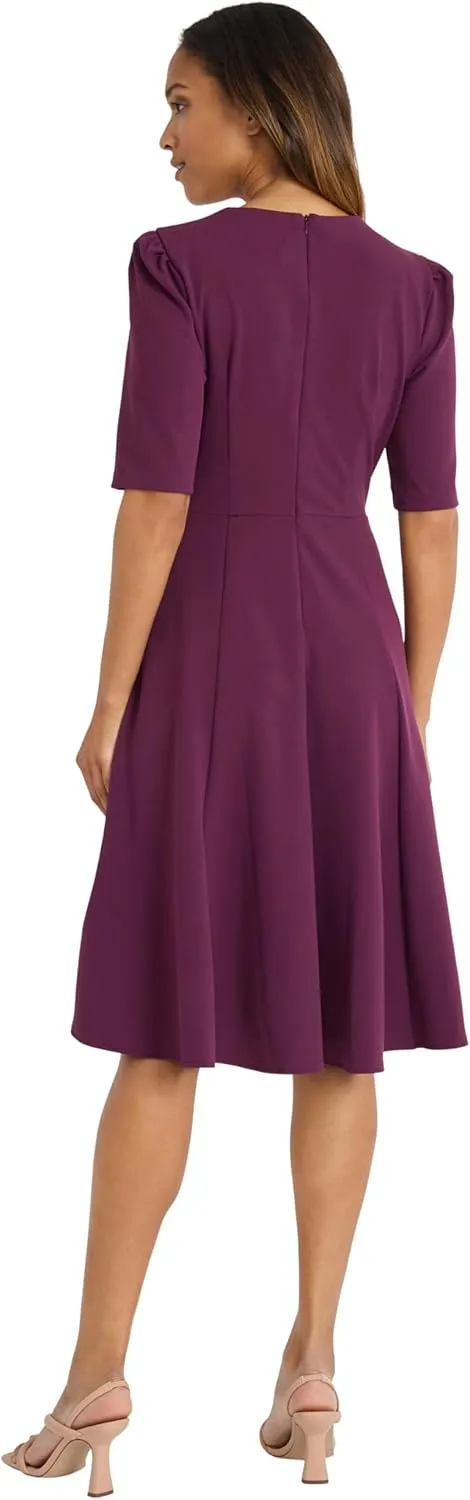 Donna Morgan Women's Dresses Stretch Crepe Elbow Sleeve V-Neck Fit and Flare Midi Dress