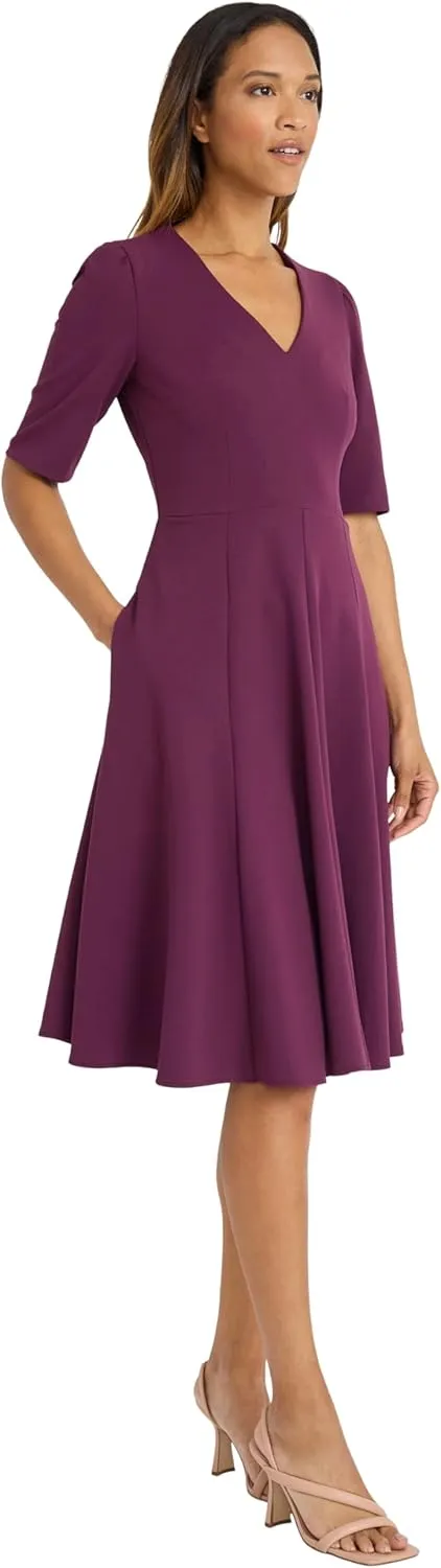 Donna Morgan Women's Dresses Stretch Crepe Elbow Sleeve V-Neck Fit and Flare Midi Dress