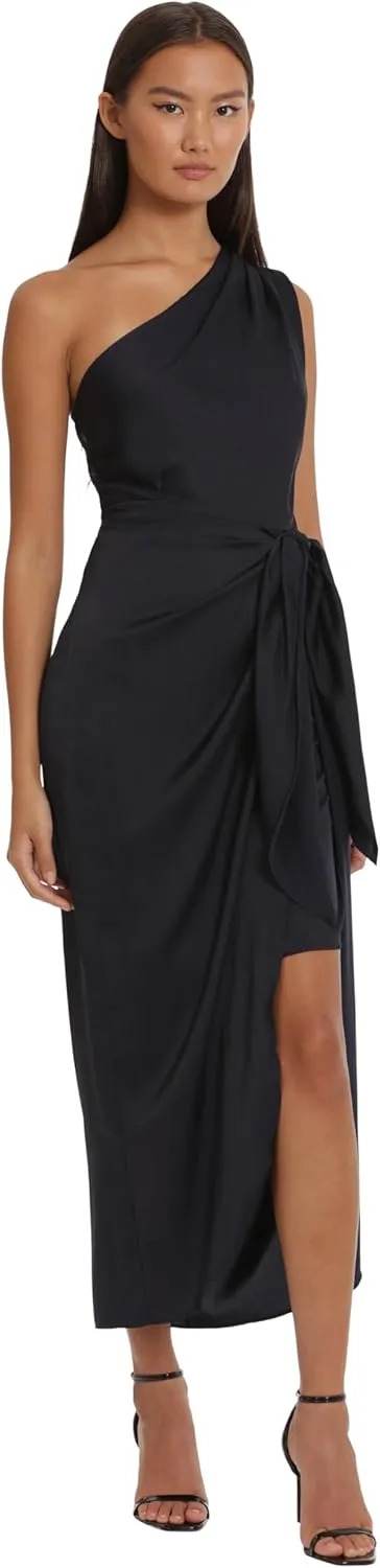 Donna Morgan Women's One Shoulder Faux Wrap Light Charmeuse Maxi with Tie Waist Occasion Event Party Guest of