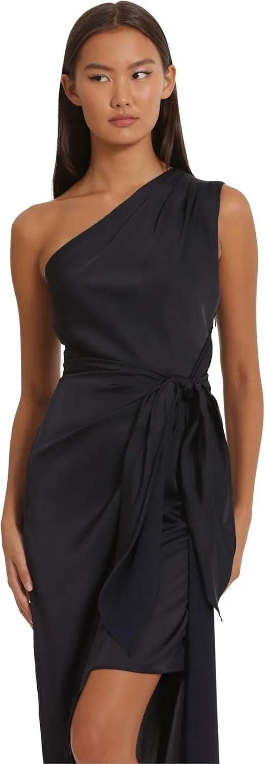 Donna Morgan Women's One Shoulder Faux Wrap Light Charmeuse Maxi with Tie Waist Occasion Event Party Guest of
