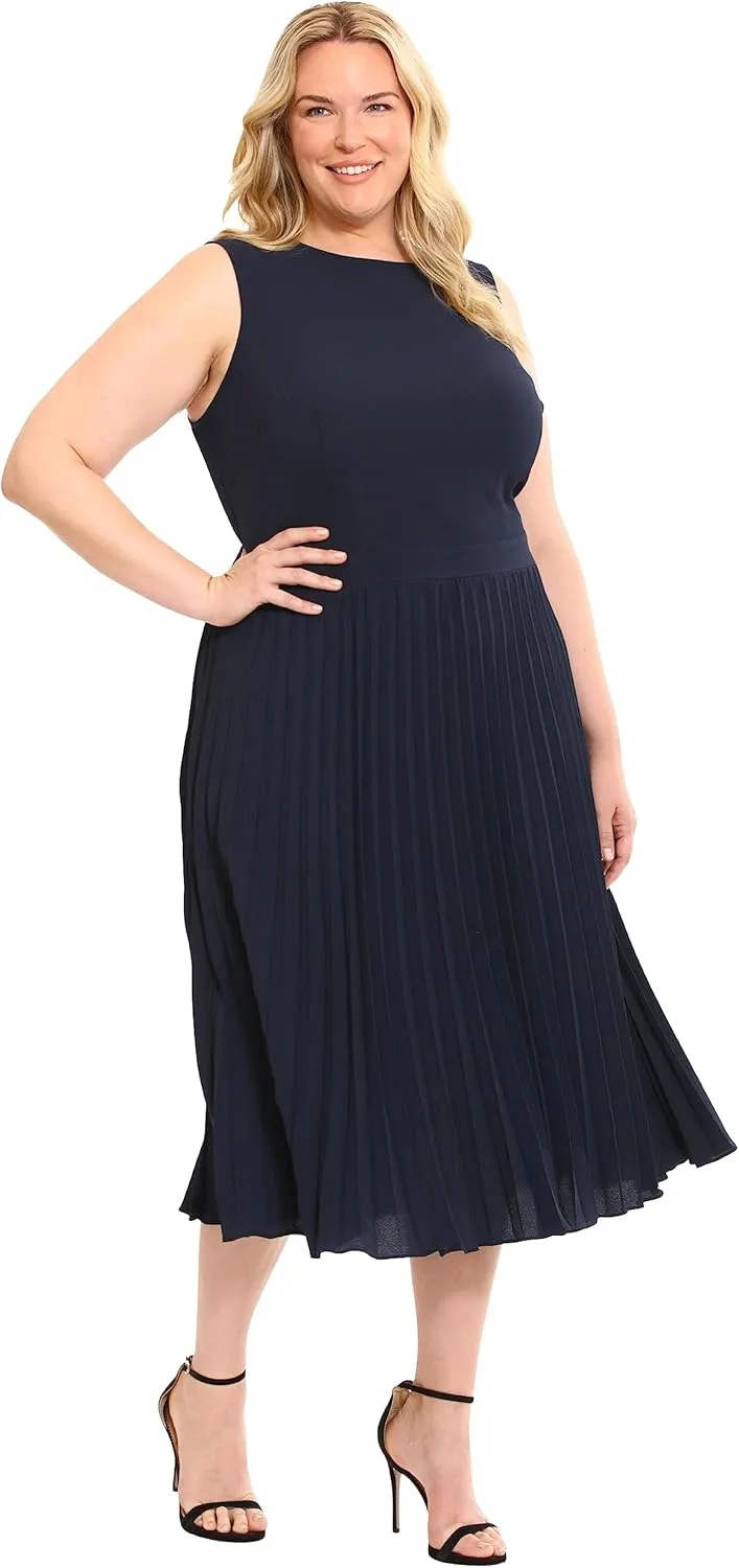 Donna Morgan Women's Sleeveless Stretch Light Bubble Crepe Pleated Skirt Midi Dress
