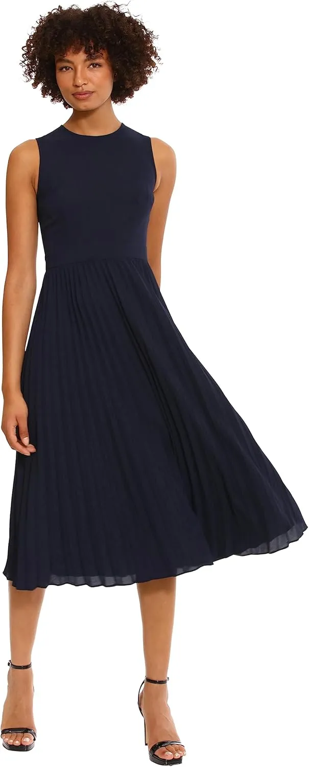 Donna Morgan Women's Sleeveless Stretch Light Bubble Crepe Pleated Skirt Midi Dress