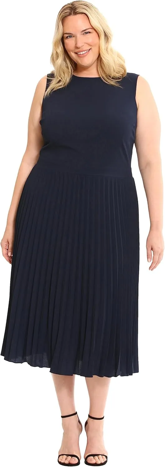 Donna Morgan Women's Sleeveless Stretch Light Bubble Crepe Pleated Skirt Midi Dress