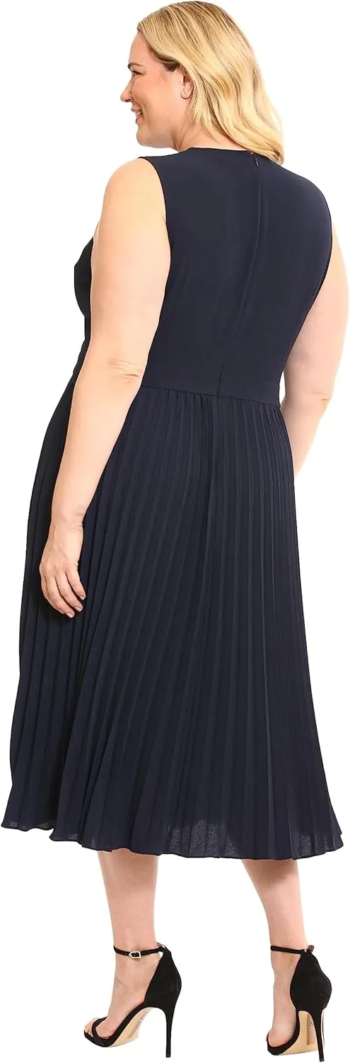 Donna Morgan Women's Sleeveless Stretch Light Bubble Crepe Pleated Skirt Midi Dress