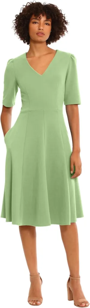 Donna Morgan Women's Stretch Crepe Elbow Sleeve V-Neck Fit and Flare Midi Dress, Watercress