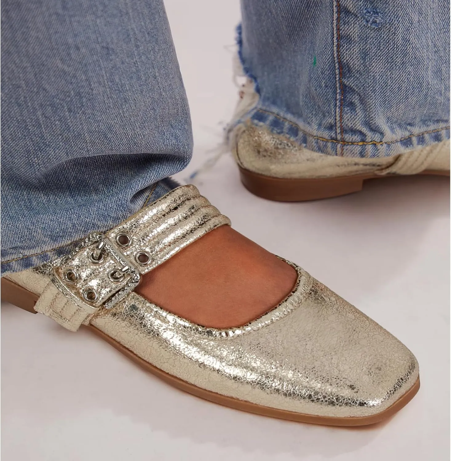 Dsevht Mary Janes Flats for Women Fashion Square Toe Flat Low Heel Easy Buckle Strap Flats Shoes