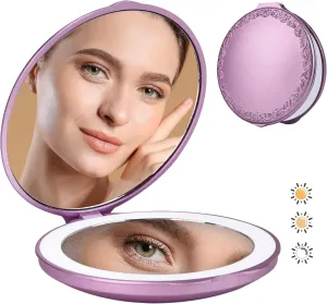 Dsgvw Compact Magnifying Lighted Mirror with 3D Touch Feature, Travel Makeup Mirror with 3Colors & Brightness Dimmable, Rechargeable LED 1X/3X Magnification, Perfect for Tiny Purse On The Go (Purple)