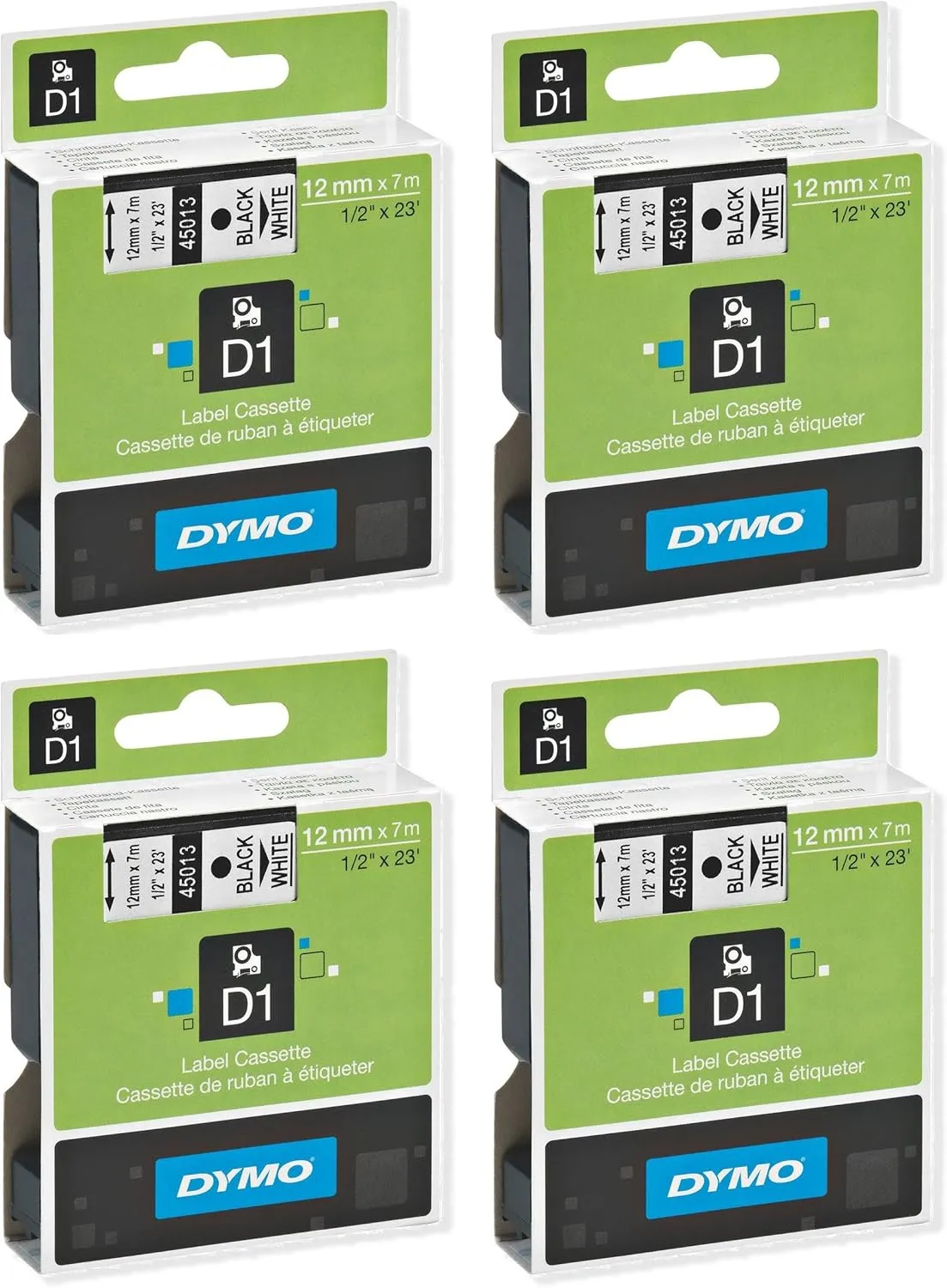 DYMO 45013 D1 Tape Cartridge for Dymo Label Makers, Created Specifically for Your LabelManager and LabelWriter Duo Label Makers, 1/2-inch x 23 Feet, Black on White, Pack of 4