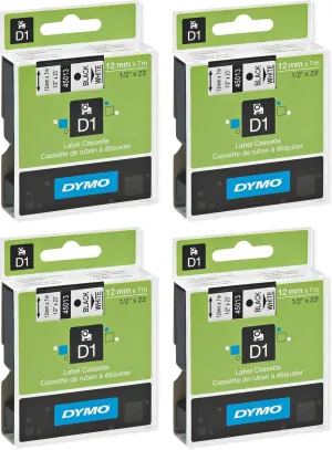 DYMO 45013 D1 Tape Cartridge for Dymo Label Makers, Created Specifically for Your LabelManager and LabelWriter Duo Label Makers, 1/2-inch x 23 Feet, Black on White, Pack of 4