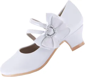 EIGHT KM Girls High Heel Dress Shoes Mary Jane Princess Wedding Party Pump Shoes EKM7035 Patent Leather Heart Pearl Bow White US Little Kid Size 1