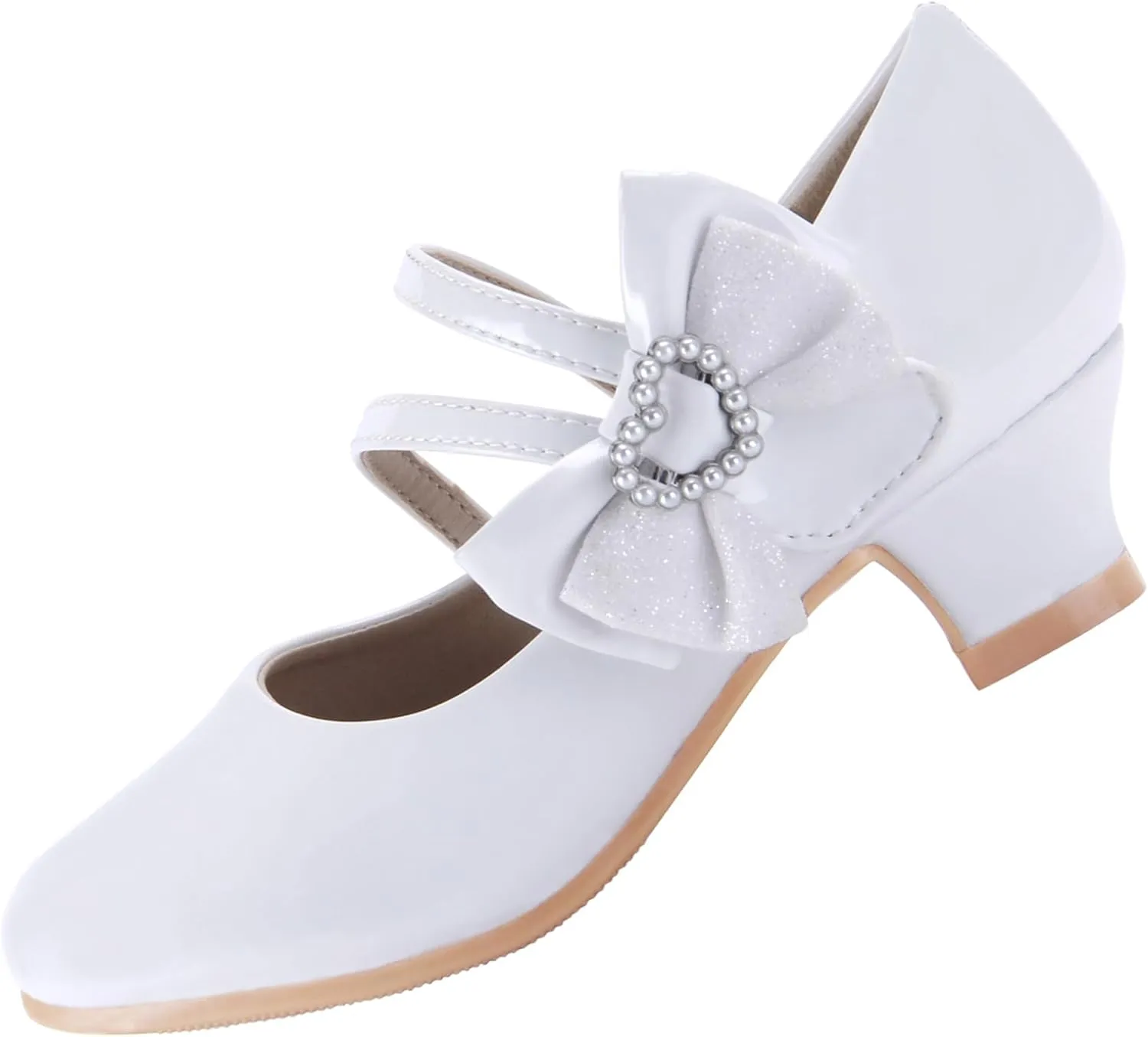 EIGHT KM Girls High Heel Dress Shoes Mary Jane Princess Wedding Party Pump Shoes EKM7035 Patent Leather Heart Pearl Bow White US Little Kid Size 1