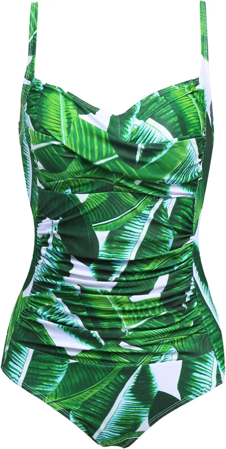 Ekouaer Women's One Piece Swimsuit Ruched Tummy Control Bathing Suits Vintage Retro Push Up Swimwear