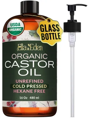 Ella & Eden Organic Castor Oil for Hair Growth, Face, Skin in Glass Bottle | USDA Certified, Cold-Pressed 100% Pure, Hexane-Free, Unrefined - 16 Oz