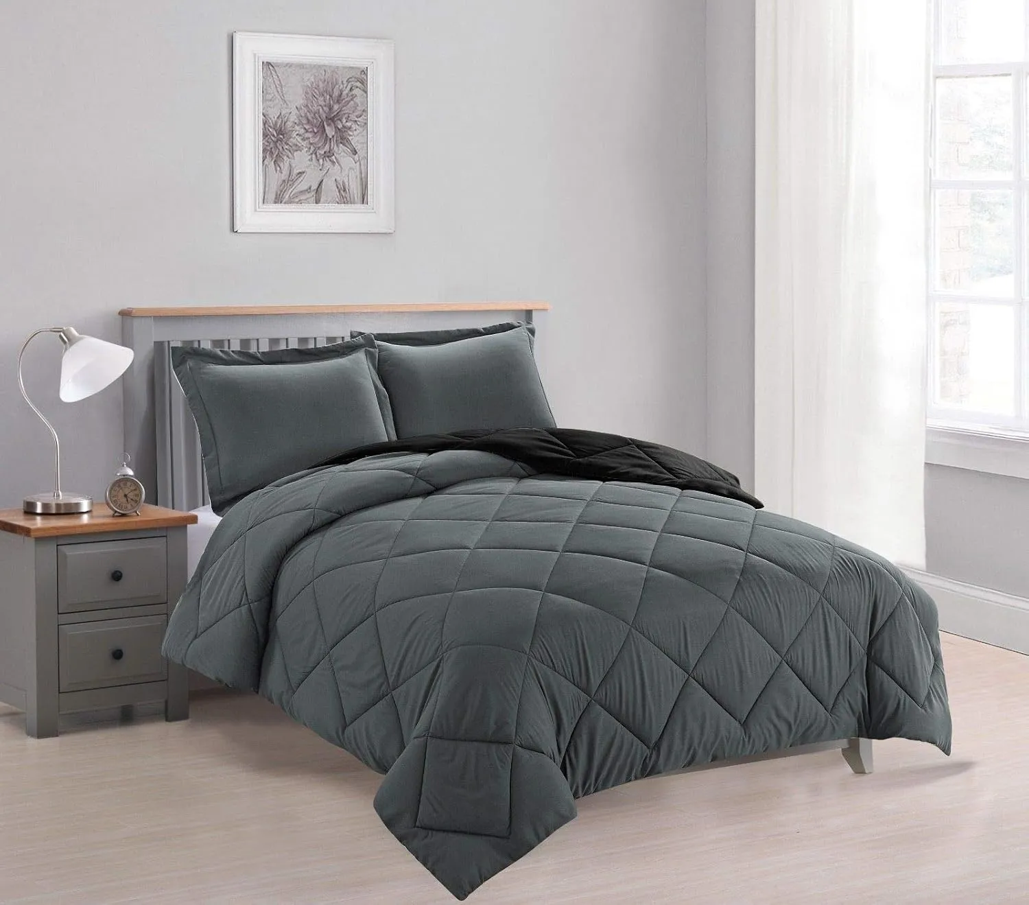 Empire Home Bed in A Bag Reversible Down Alternative All Season Comforter Set with Sheet Set Included !! (Black & Gray, Full)