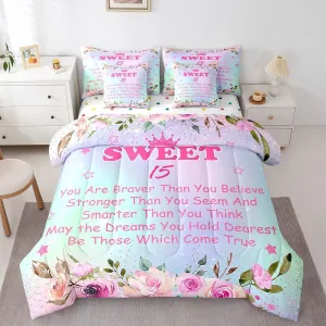 Erosebrifal Iridescent Pink in My 15Th Birthday Bedding, Happy Birthday Decorations Comforter Set with Sheets Pink Flowers Party Decor Bed Set for Girls Watercolor Floral Bed in A Bag King