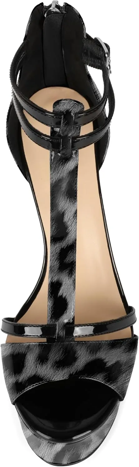 Esvowido Platform Heels for Women Open Toe T-Strappy Heeled Sandals Stiletto High Heels 5.5 Inch Double Ankle Strap Strappy Pump Shoes with Back Zipper Black US Size 10