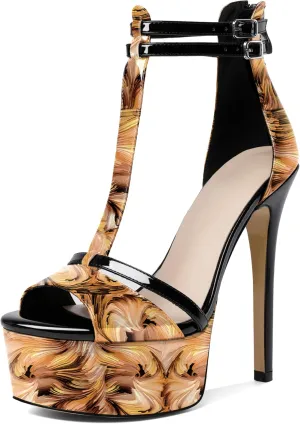 Esvowido Platform Heels for Women Open Toe T-Strappy Heeled Sandals Stiletto High Heels 5.5 Inch Double Ankle Strap Strappy Pump Shoes with Back Zipper Black US Size 10