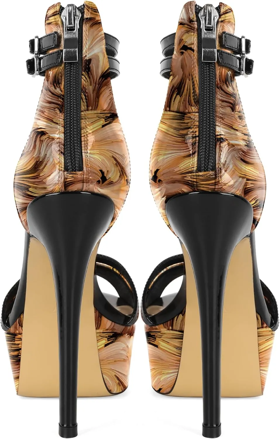 Esvowido Platform Heels for Women Open Toe T-Strappy Heeled Sandals Stiletto High Heels 5.5 Inch Double Ankle Strap Strappy Pump Shoes with Back Zipper Black US Size 10