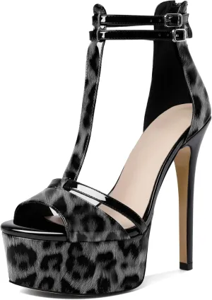 Esvowido Platform Heels for Women Open Toe T-Strappy Heeled Sandals Stiletto High Heels 5.5 Inch Double Ankle Strap Strappy Pump Shoes with Back Zipper Black US Size 10