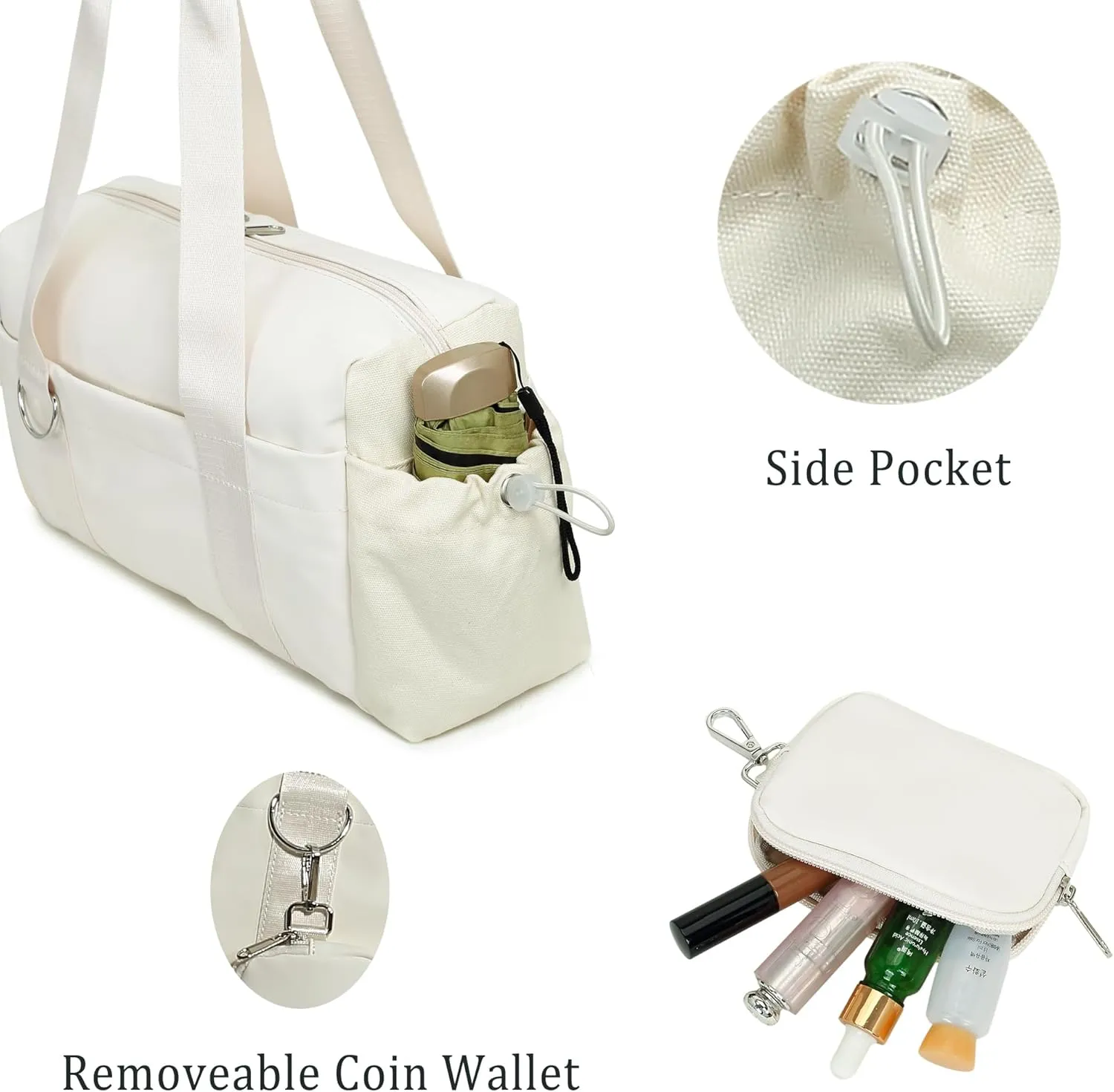 Everyday Mini Gym Bag for Women 2.0, Small Tote with Zipper Compartment Waterproof Travel Duffle Cute Handbag Workout Carry On with Removeable Shoulder Strap & Coin Wallet Easy to Clean - Beige