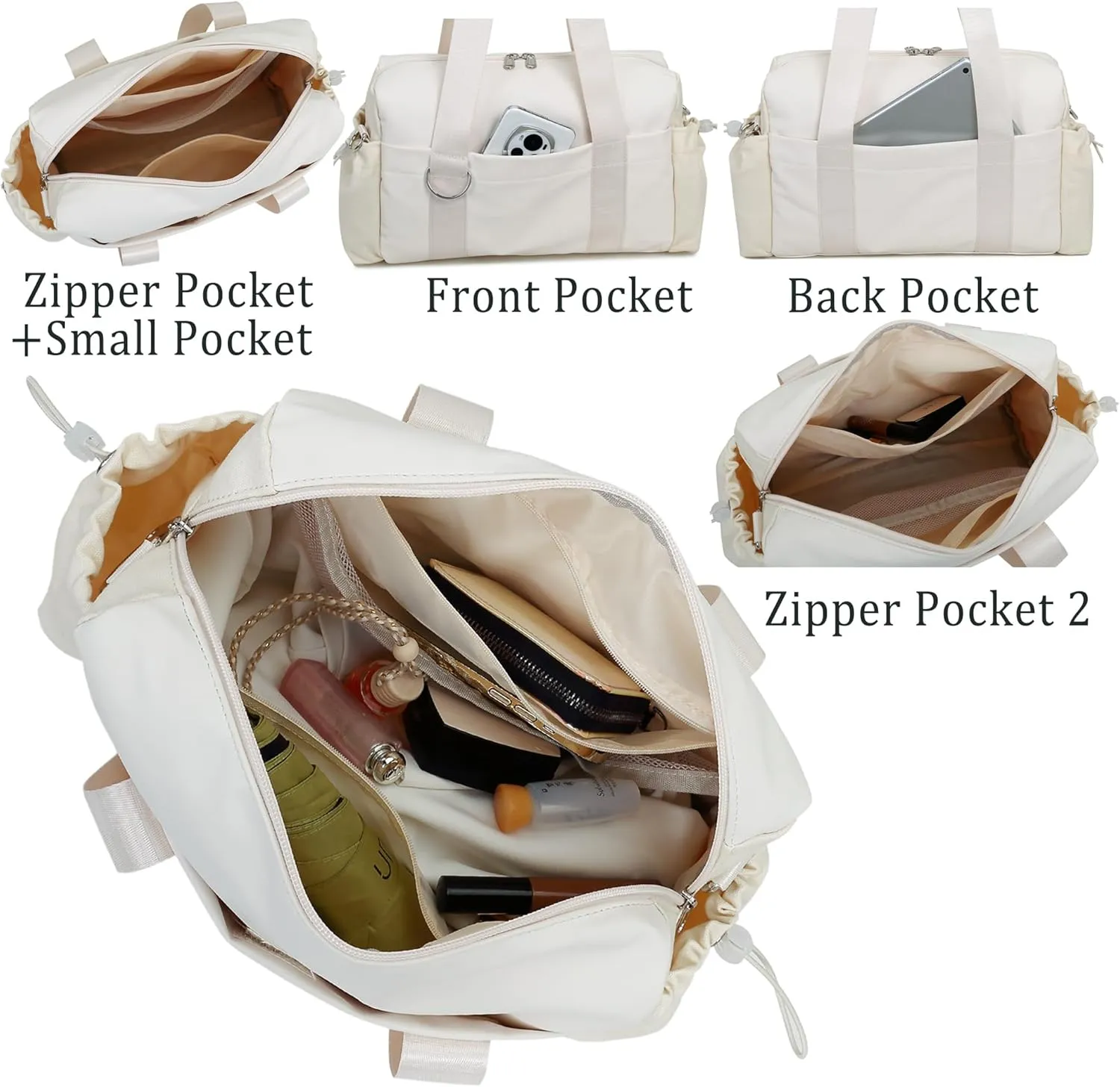 Everyday Mini Gym Bag for Women 2.0, Small Tote with Zipper Compartment Waterproof Travel Duffle Cute Handbag Workout Carry On with Removeable Shoulder Strap & Coin Wallet Easy to Clean - Beige
