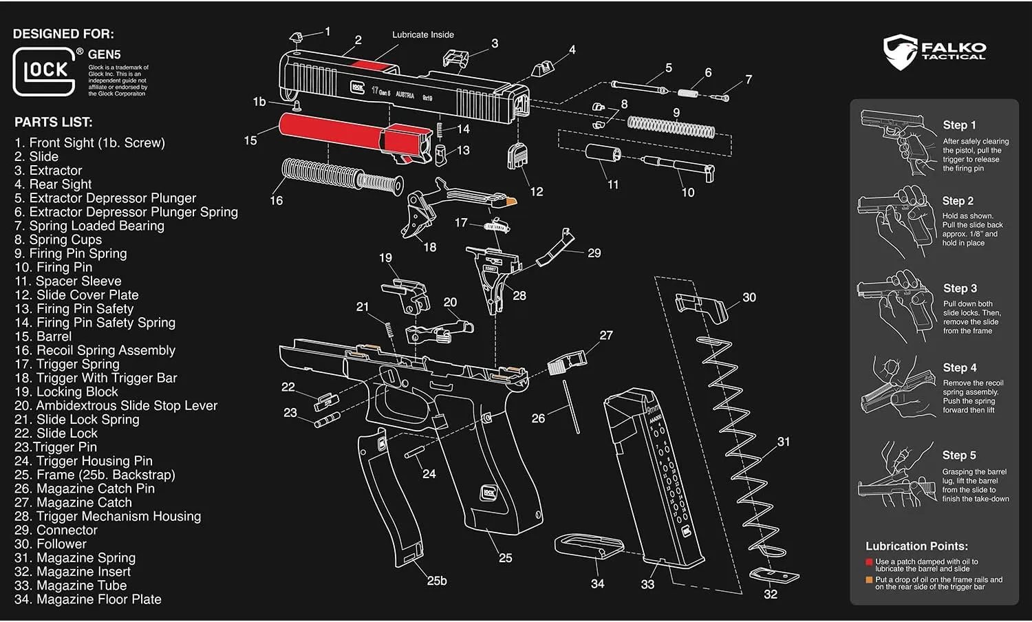 Falko Tactical Gun Cleaning Mat for Glock - Double Thickness Gun Mat - HD Exploded Diagram Including Parts List, Lubrication Points and Disassembly Steps (20 by 12 Inches)