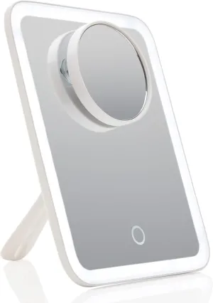 Fancii Rechargeable LED Travel Makeup Mirror with 3 Color Settings - Detachable 10x Magnifying Mirror, Dimmable Touch Light, Adjustable Kickstand, Lighted Portable Vanity Mirror (Aura Go 2)