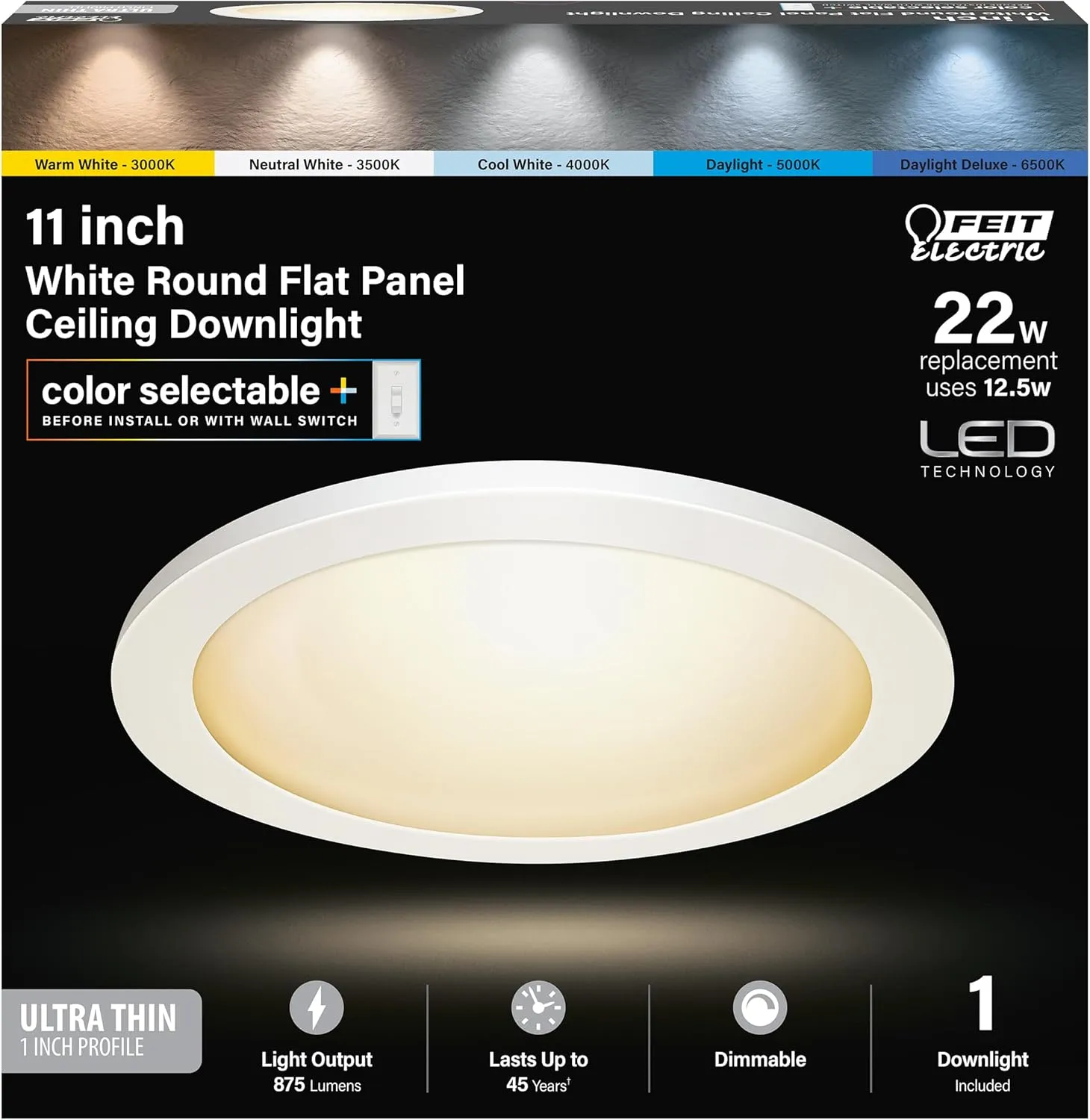 Feit Electric 11-Inch Round LED Flat Panel Ceiling Downlight, Selectable Color Temperature (3000K-6500K), Dimmable, 850 Lumens, Ultra-Slim Low-Profile Design Fixture, 50,000-Hour Lifespan, 74210/6WY