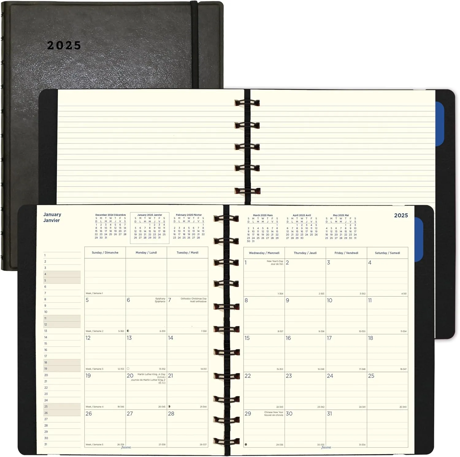 Filofax® 2025 Monthly Planner, 17 Months, August 2024 to December 2025, Twin-Wire Binding, Bilingual, 10.875" x 8.5", Black (C1811001-25)