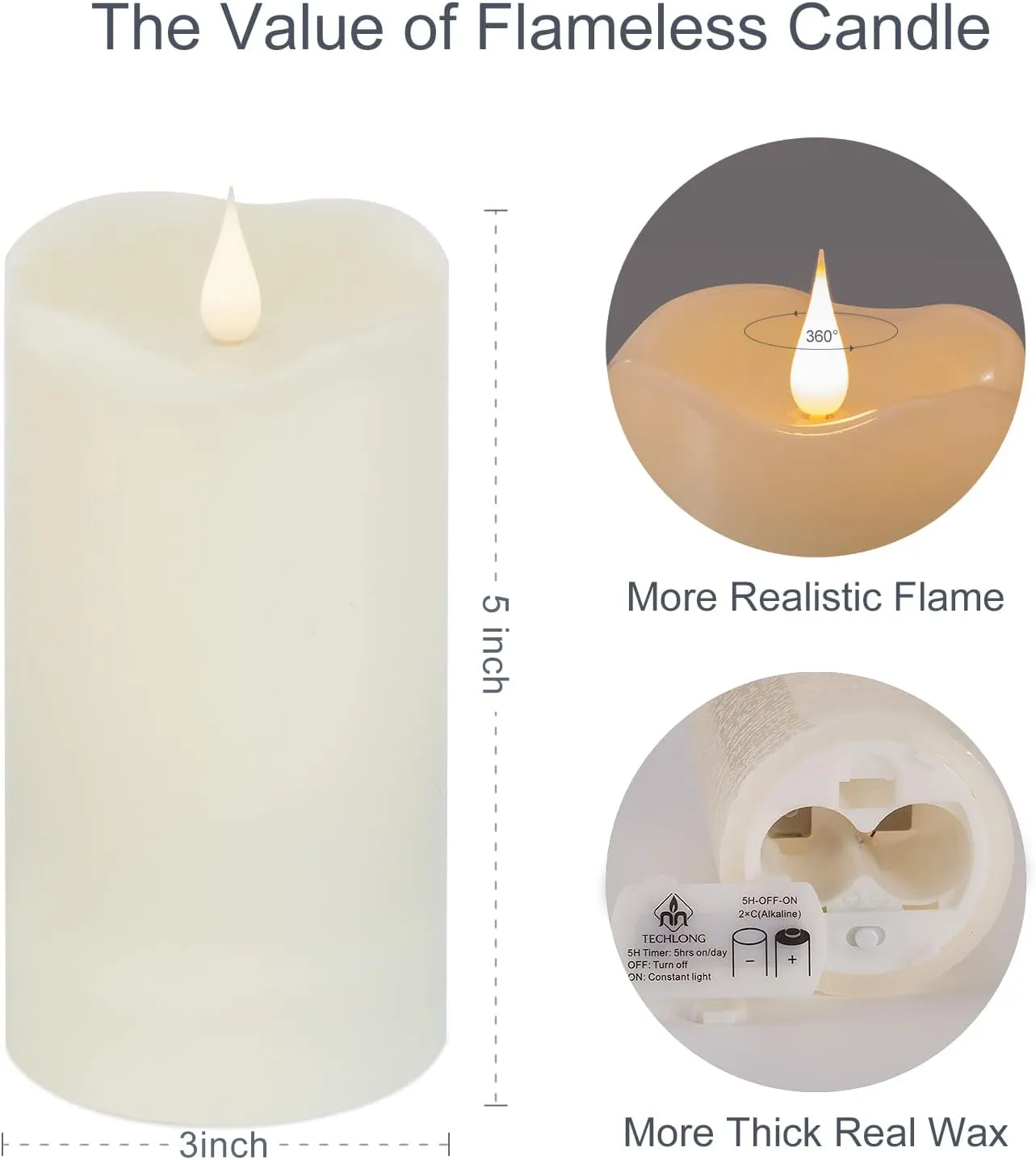 Flameless Candles with Remote Timer, 3D Moving Flickering Flame Battery Operated Candles Lasting 1000  Hours, 3" x 5" Ivory Real Wax Electric LED Pillar Candles, Set of 2