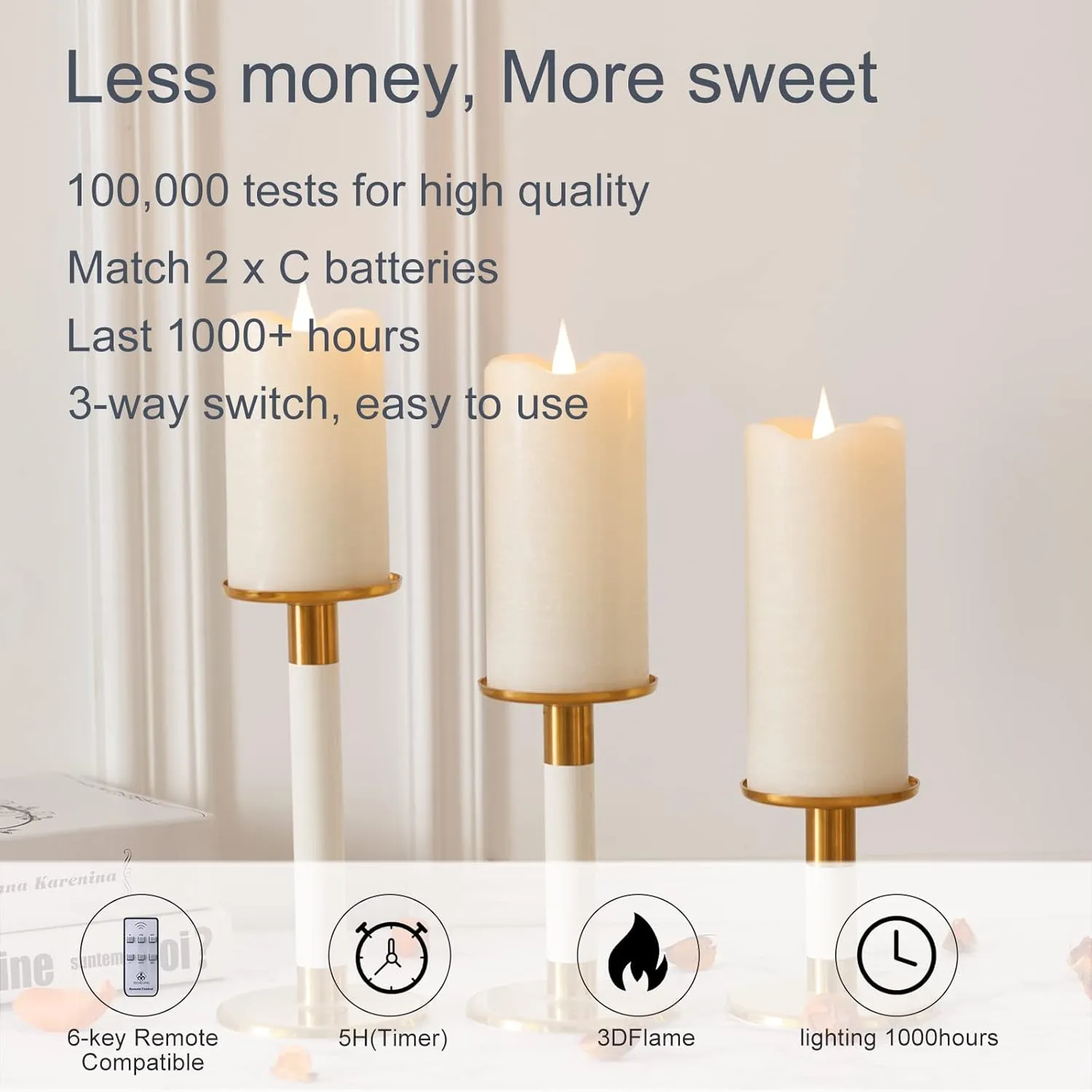 Flameless Candles with Remote Timer, 3D Moving Flickering Flame Battery Operated Candles Lasting 1000  Hours, 3" x 5" Ivory Real Wax Electric LED Pillar Candles, Set of 2