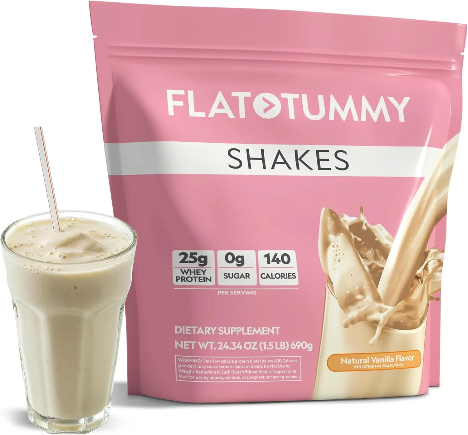 Flat Tummy Shakes - Vanilla, 20 Servings, EBT Eligible – Post GLP-1 Protein Supplement, High Protein, Zero Sugar, Keto-Friendly Meal Replacement with Clinically Studied Morosil®