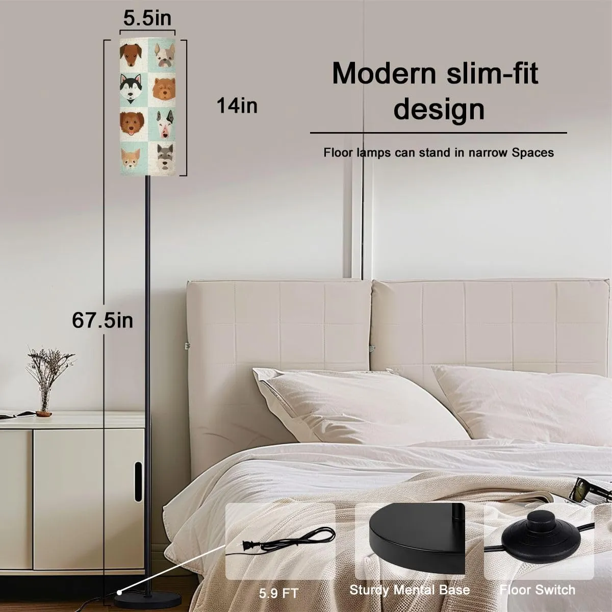 Floor Lamp for Living Room Dogs Head Set Flat Illustrations Popular Dogs Breeds Game Light Stand Lamp with Remote Control Dimmable LED Tall Lamps for Bedrooms Reading Western Home Decor