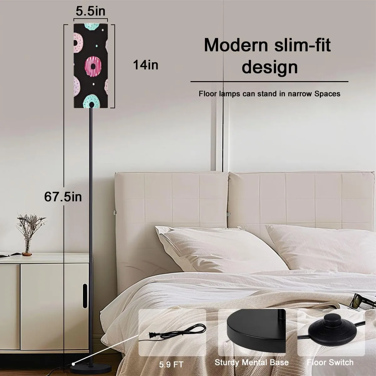Floor Lamp for Living Room Donut Black Donut Flat Style Seamless Pattern Poster for Light Stand Lamp with Remote Control Dimmable LED Tall Lamps for Bedrooms Reading Western Home Decor