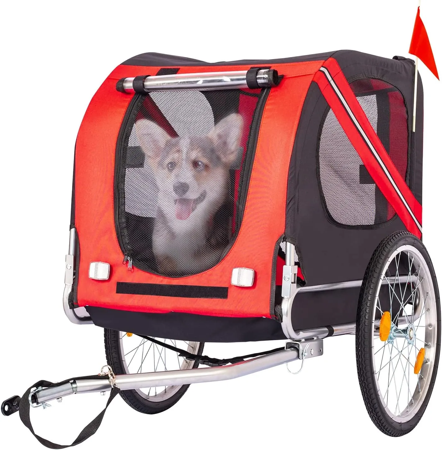 Folding Dog Bike Trailer, Heavy Duty Pet Cart Bicycle Wagon Cargo Carrier Attachment for Travel with Universal Hitch, 3 Doors, Aluminum Wheels, Safety Flag, Easy to Connect & Disconnect,Red
