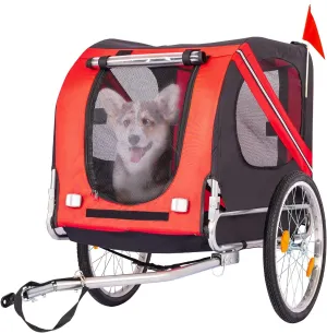 Folding Dog Bike Trailer, Heavy Duty Pet Cart Bicycle Wagon Cargo Carrier Attachment for Travel with Universal Hitch, 3 Doors, Aluminum Wheels, Safety Flag, Easy to Connect & Disconnect,Red