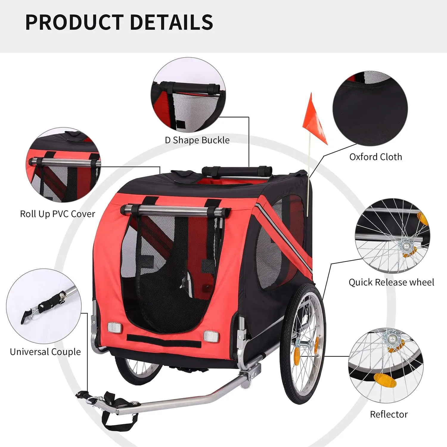 Folding Dog Bike Trailer, Heavy Duty Pet Cart Bicycle Wagon Cargo Carrier Attachment for Travel with Universal Hitch, 3 Doors, Aluminum Wheels, Safety Flag, Easy to Connect & Disconnect,Red
