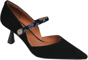 FOWT Chic Two Tone V-Cut Splicing Flared Heel Slip on Black Pumps for Women Convenient Metal Button Ankle Strap Mary Janes Heels Retro Pointed Toe Dress Party Evening Shoes, US Size 4-15 M