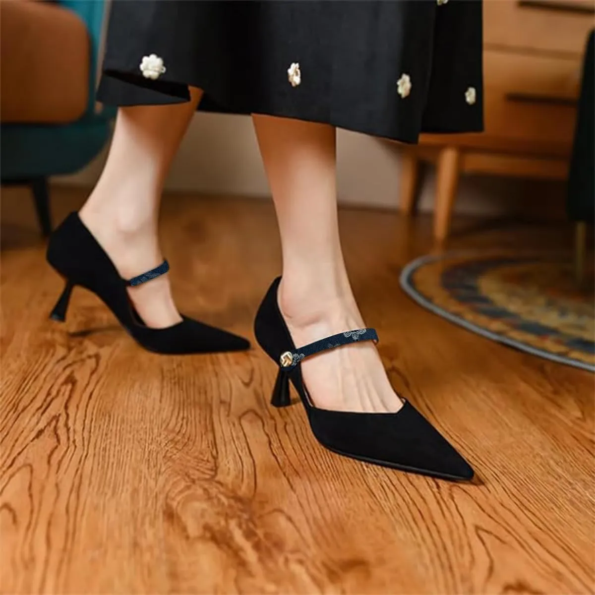 FOWT Chic Two Tone V-Cut Splicing Flared Heel Slip on Black Pumps for Women Convenient Metal Button Ankle Strap Mary Janes Heels Retro Pointed Toe Dress Party Evening Shoes, US Size 4-15 M