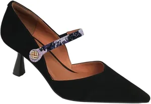 FOWT Chic Two Tone V-Cut Splicing Flared Heel Slip on Black Pumps for Women Convenient Metal Button Ankle Strap Mary Janes Heels Retro Pointed Toe Dress Party Evening Shoes, US Size 4-15 M