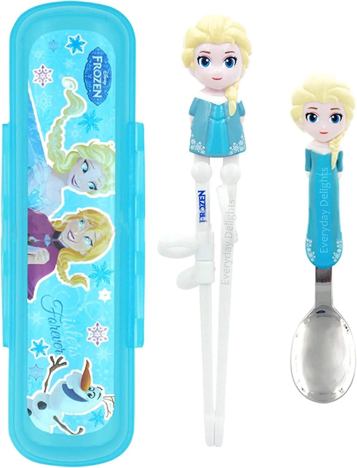 Frozen Queen Elsa Kids Children Spoon Training Chopsticks Flatware Utensil Cutlery Dinnerware Tableware Set with Case, 3 pieces
