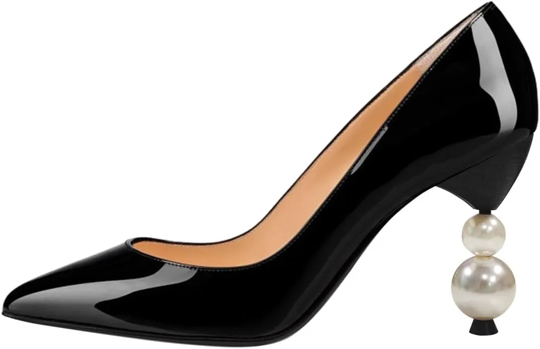 FSJ Women Classic Pearls Heel Pumps Pointed Toe Slip On High Heel 9cm Glossy Leather Ladies Office Party Pump Shoes Size 4-16 US